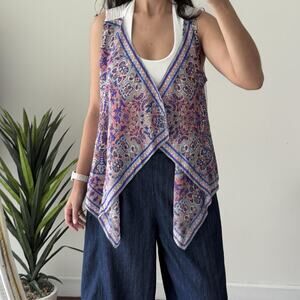 Beulah 100% Silk Kimono Top Womens Medium Pink Paisley Draped Open Front Vest